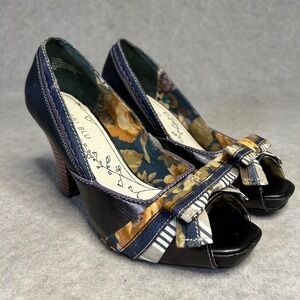 Bobbi Blu Peep Toe Heels Womens 8M Black Floral Print Leather‎ Bow Wedge *flaw